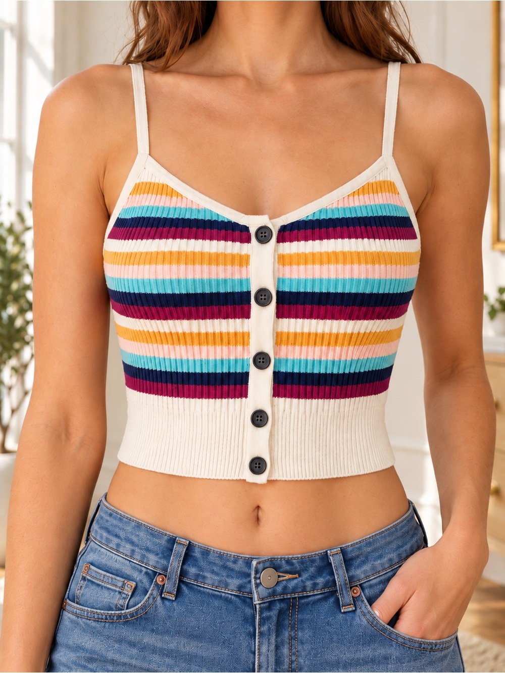 American Eagle Outfitters Cream Ribbed Button-Front Crop Cami with Multi Stripes